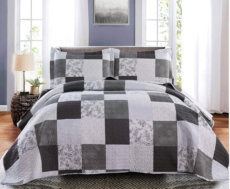 JessyHome Morden Lightweight Queen Bedspread - Floral & Plaid Reversible Quilt Set - Grey & Black White Paisley & Floral Pattern - Image 1